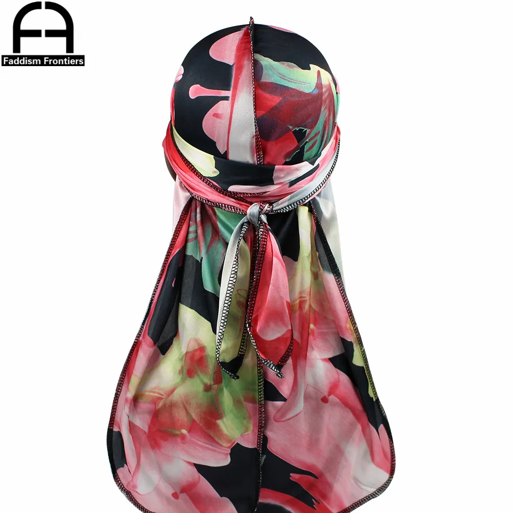 Unisex Men Floral Silk Durag Stretchy Bandanas for Men Turban Hat Headwear Long Straps Headband Waves Silky Durags