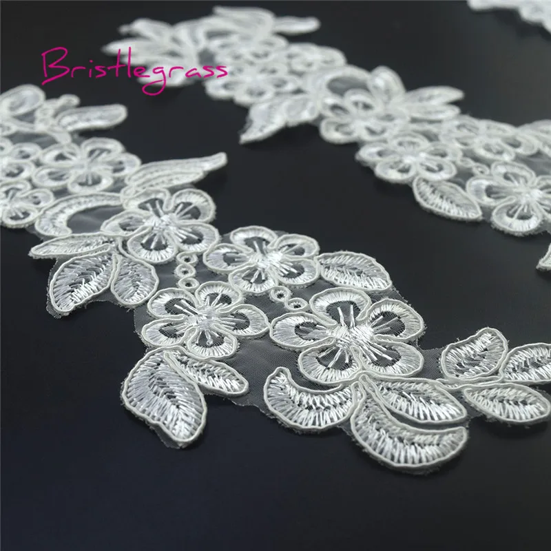 BRISTLEGRASS 1 Pair Off White Embroidered Flower Vine Applique Patches Tulle Mesh Lace Trims Bridal Wedding Dress Costume Sewing