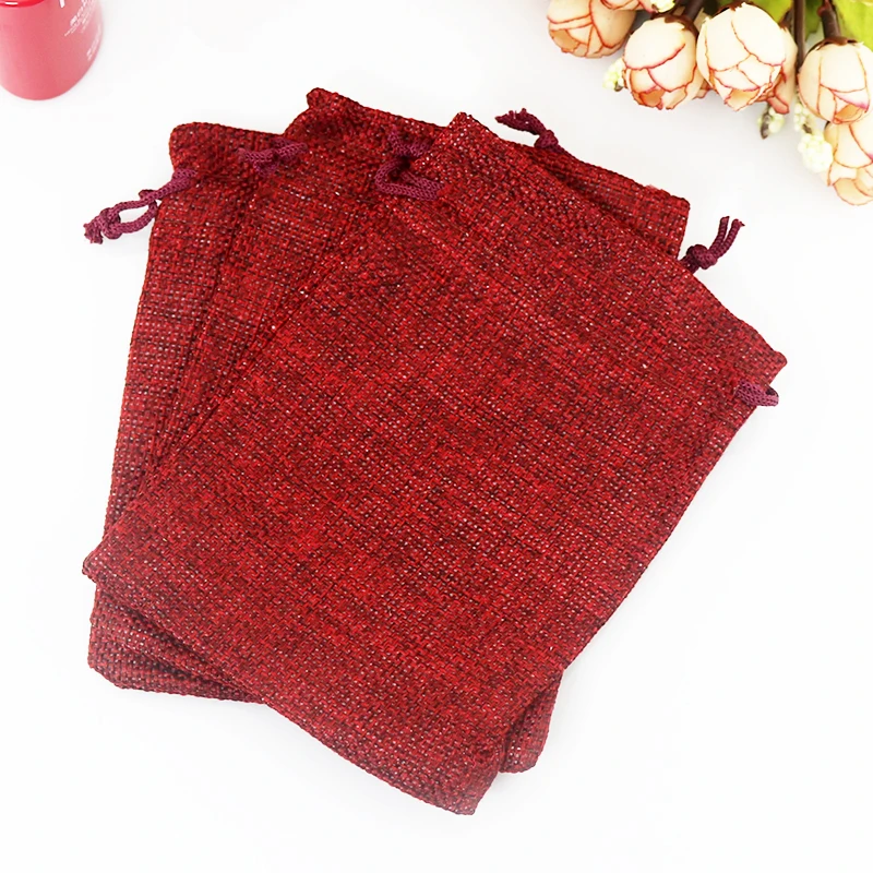 

13*18cm 50pcs Dark Red Jute Bag Wedding Gift bag Drawable Jewelry Bag Favor Candy Watch Charms Packaging Bag Pouches