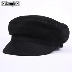 Autumn Winter Adult Women's Hat Second Layer Sheepskin Military Hats Brands Bone Genuine Leather Cap Flat Top Caps For Men