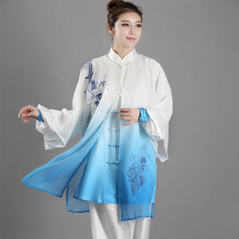 Bordado Flor Azul Tradicional Chinesa Kung Fu Uniforme 3 pcs Conjuntos de Roupas Roupas de Artes Marciais Wushu Tai Chi Terno Exercício Da Manhã