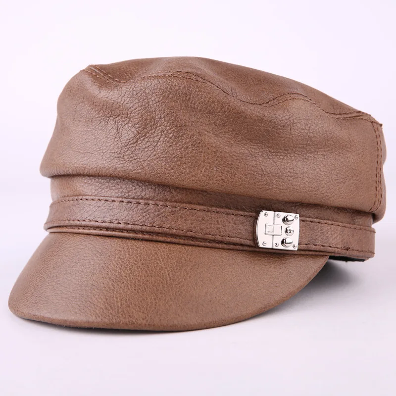 Spring Autumn Winter Leather Hat Men's Women's Leisure Cowhide Flat Top Cap Youth Male Female Lady Fashion Casual Hats H6973