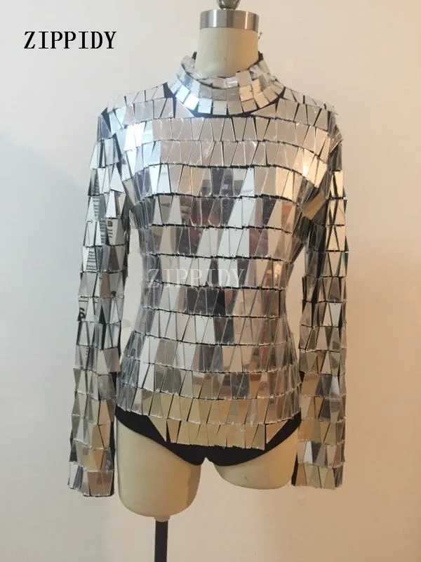 Silver Mirrors Sequins Luxury Backless Sparkly Bodysuit Evening Prom Party Nightclub DJ Singer Leotard Outfit Stage Show Costume