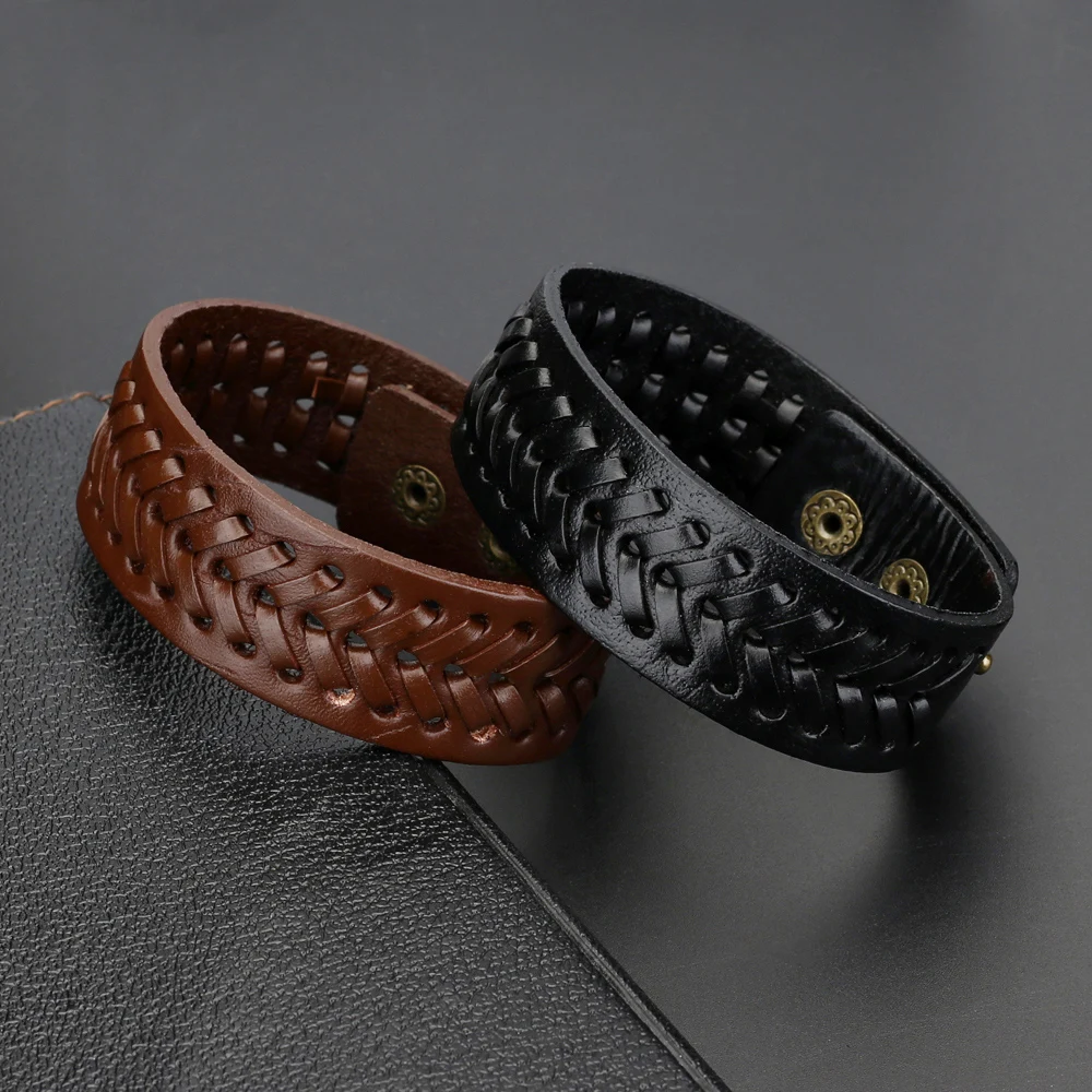 2022 Trend Jewelry Vintage Handwork Weave 8 Words Wide Leather Bracelet Simple Cuff Bracelets Bangles For Women Pulseras Mujer