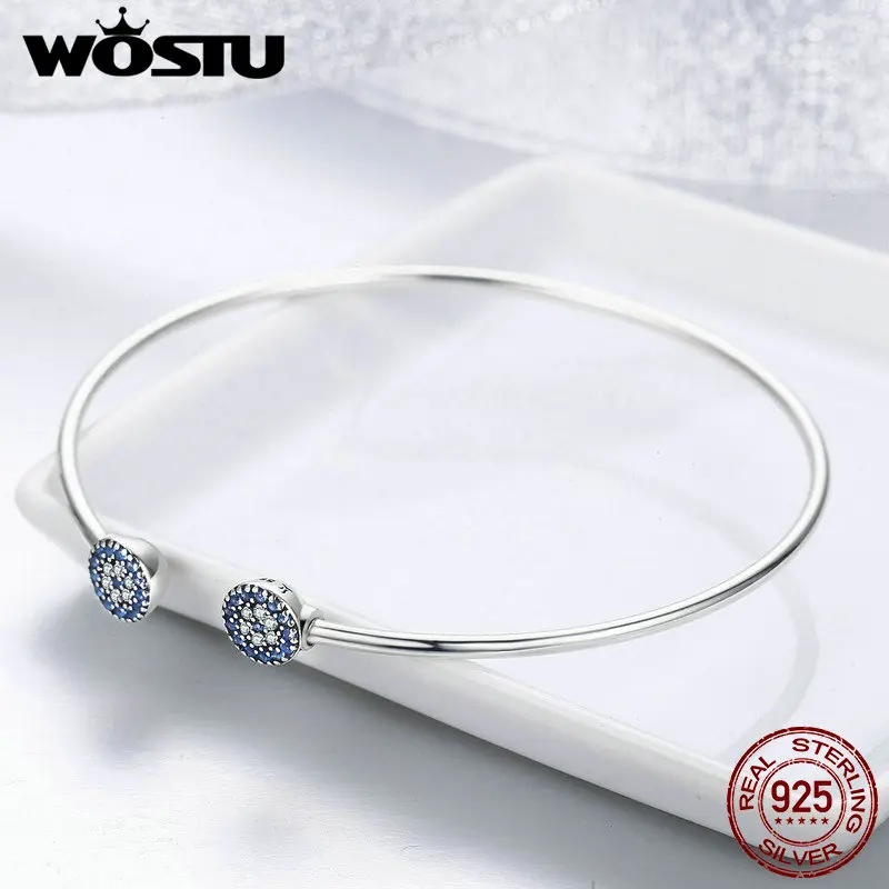 WOSTU Genuine 925 Sterling Silver Lucky Blue Eyes Blue CZ Open Cuff Bangle & Bracelet For Women Luxury Silver Jewelry CQB058