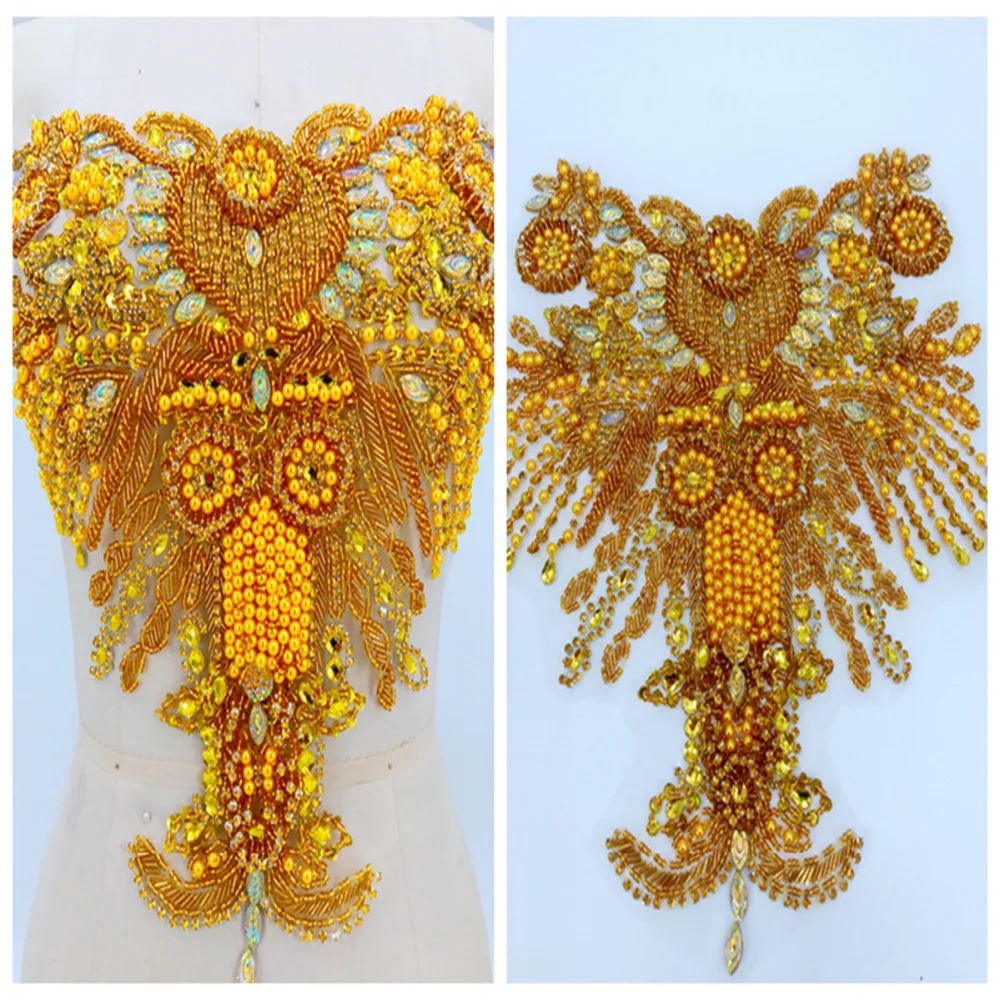 

Pure hand made golden sew on Rhinestones applique on mesh crystals patches trimming 37*37cm dress accessory