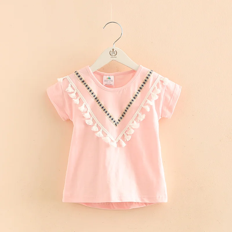 2024 Summer 2 3 4 6 8 10 Years Kids Clothes Cotton White Pink Solid Color V Tassels Patchwork Short Sleeve O-Neck T-Shirt Girls