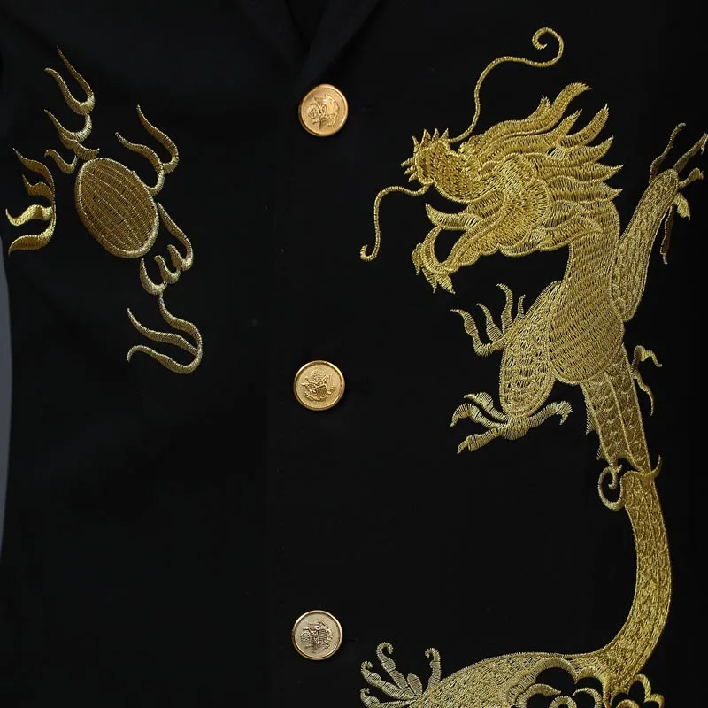 mens embroidery dragon black long tuxedo jacket/stage performance/stuido/long jacket/asia size