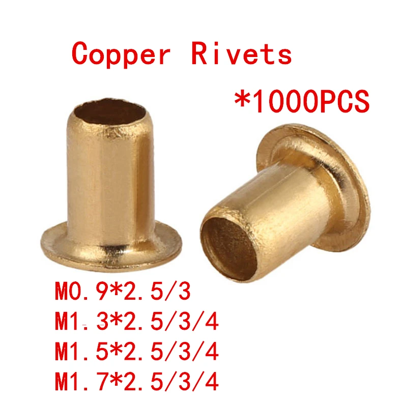 1000PCS Copper hollow rivet Kit M0.9,M1.3,M1.5,M1.7*2.5/3/4mm double-sided circuit board PCB vias nails