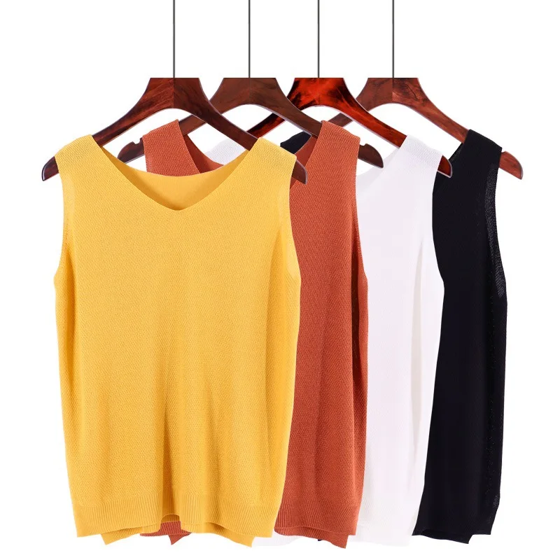 

Split Side Ice Silk Summer Spring Harajuku Knit Tank Top Cami Korean Camisole Elastic Vest V Neck Solid Color New Bottoming Tops