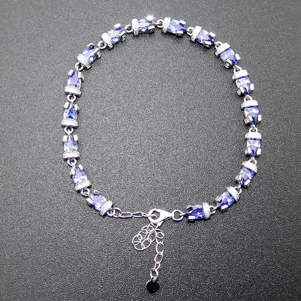 

Fine Jewelry 100% 925 Sterling Women Jewelry Silver Bracelet with Tanzanite Color Stone DR01407207B 7"+1"extension Chian as gift