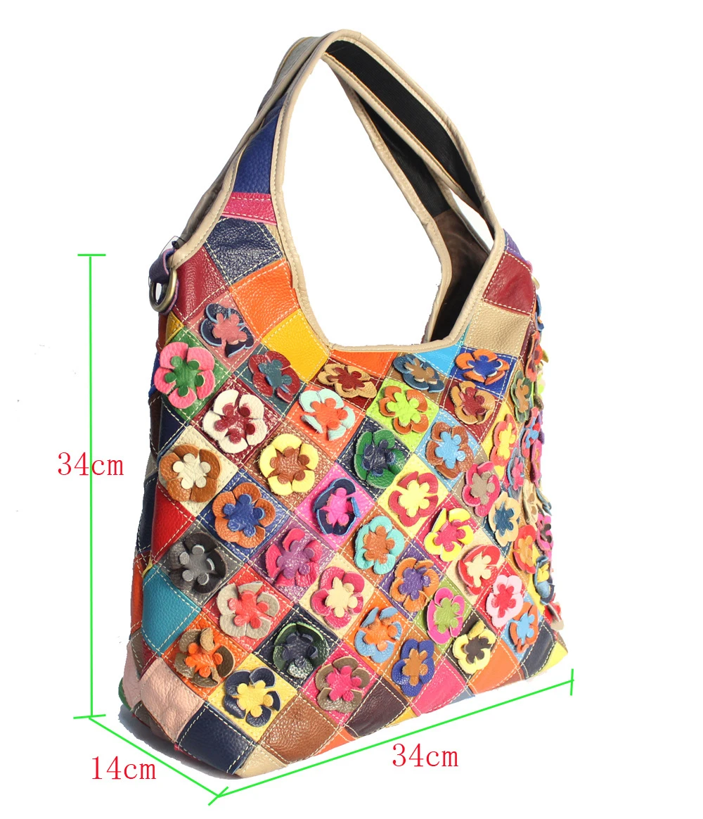 Real Leather Multicolor Big Handbag Female Genuine Leather Over Size Floral Casual Hobo Bag Women Quality Work Mummy Diaper Bag