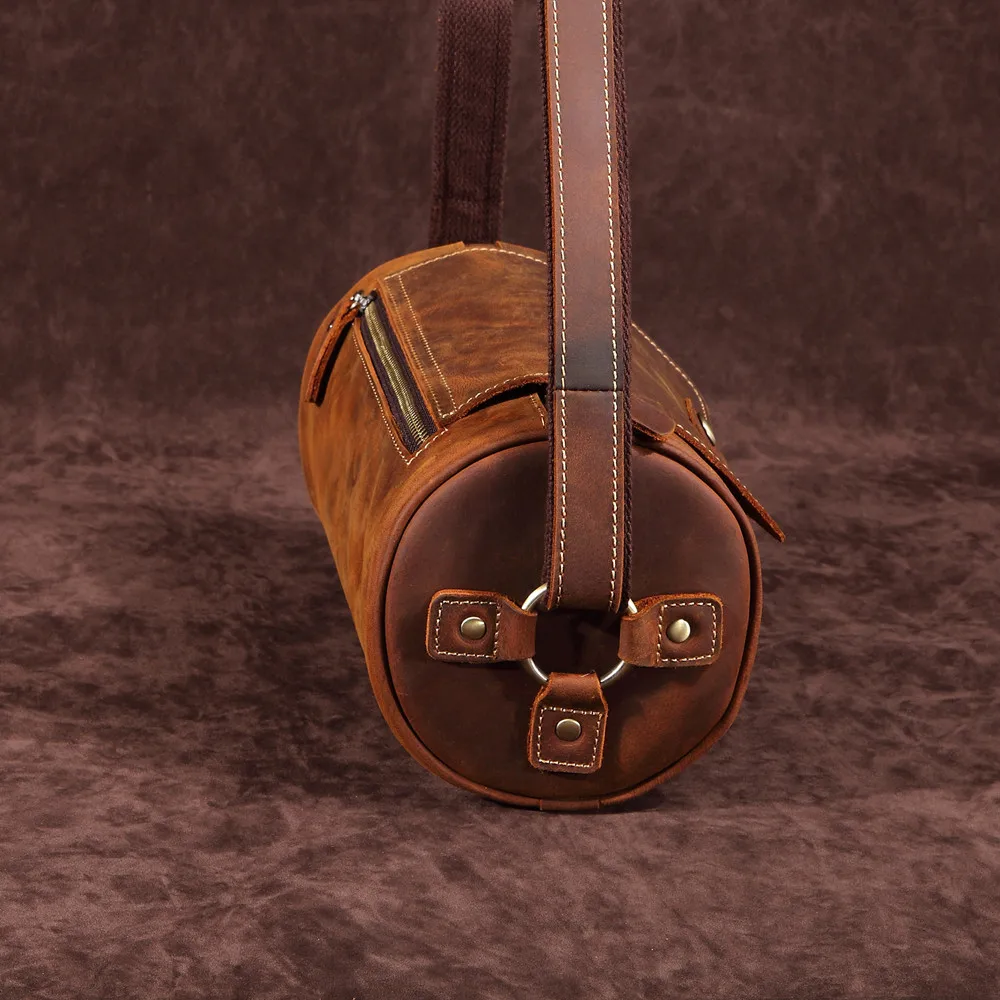 Lovely Unique Design Natural Crazy Horse Leather Women Shoulder Bag Vintage Crossbody Bags Genuine Leather Barrel-shaped Bag