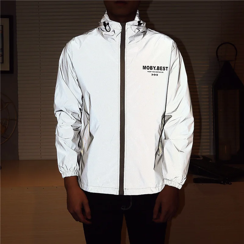 streets hiphop windbreaker Men jacket casual reflective jacket men and women lovers coat hooded fluorescent clothing