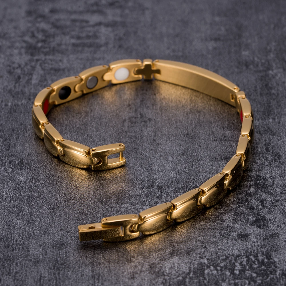 Vinterly Energy Magnetic Bracelets for Women Gold Color Crystal Chain Link Bracelets Stainless Steel Germanium ID Bracelet Femme