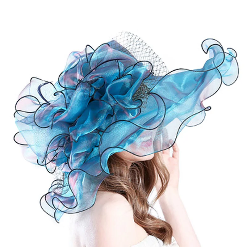 FS 2024 Fashion Summer Organza Kentucky Derby Hats For Women Elegant Ladies Wide Large Brim Church Wedding Hat With Big Flower