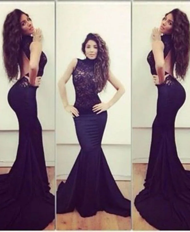 

New Arrival Sexy black Chiffon Appliques Lace Prom Dresses High Neck Backless Mermaid Evening Party Gown Custom Made