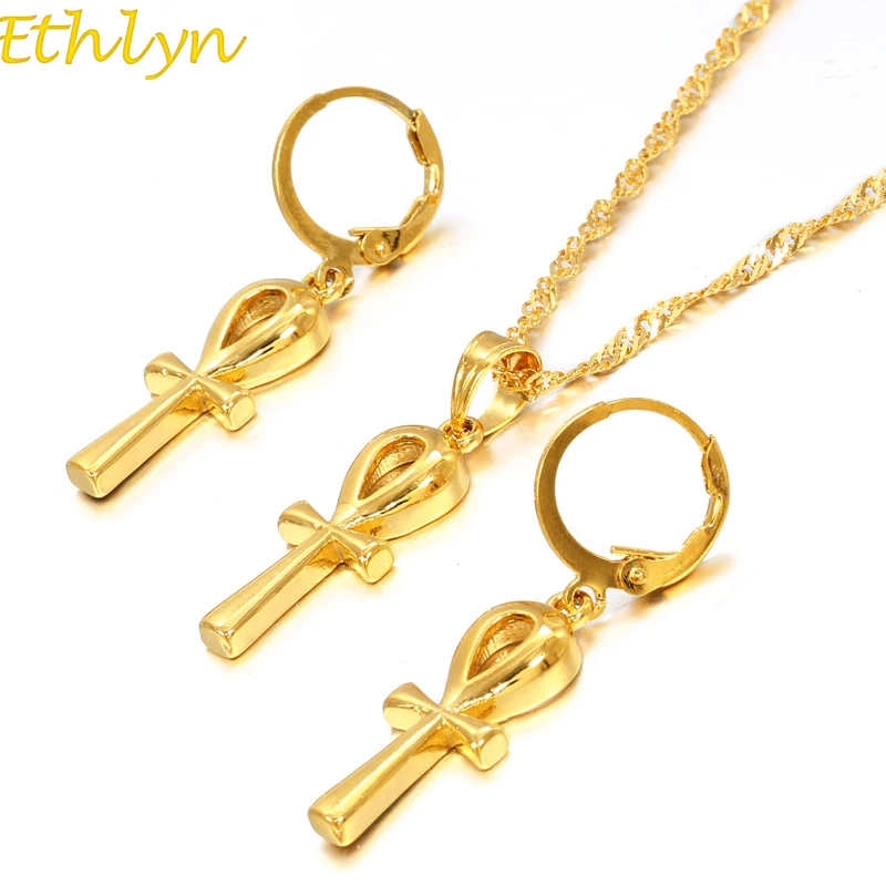 Ethlyn Jewelry Classic Ankh Pendant Chain Earrings Gold Color Egyptian Cross Jewelry Women Egypt Hieroglyphs,Crux Ansata S156