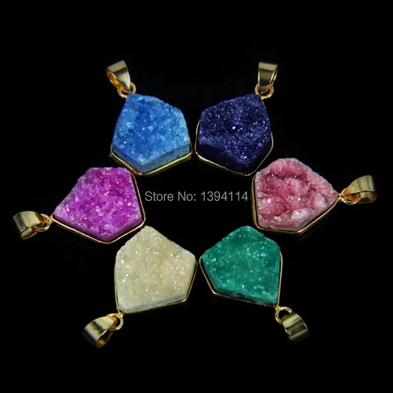 Mixed Colors Crystal Druzy Pentagon Pendant Bezel Setting Gold Plated Approx 16*16mm