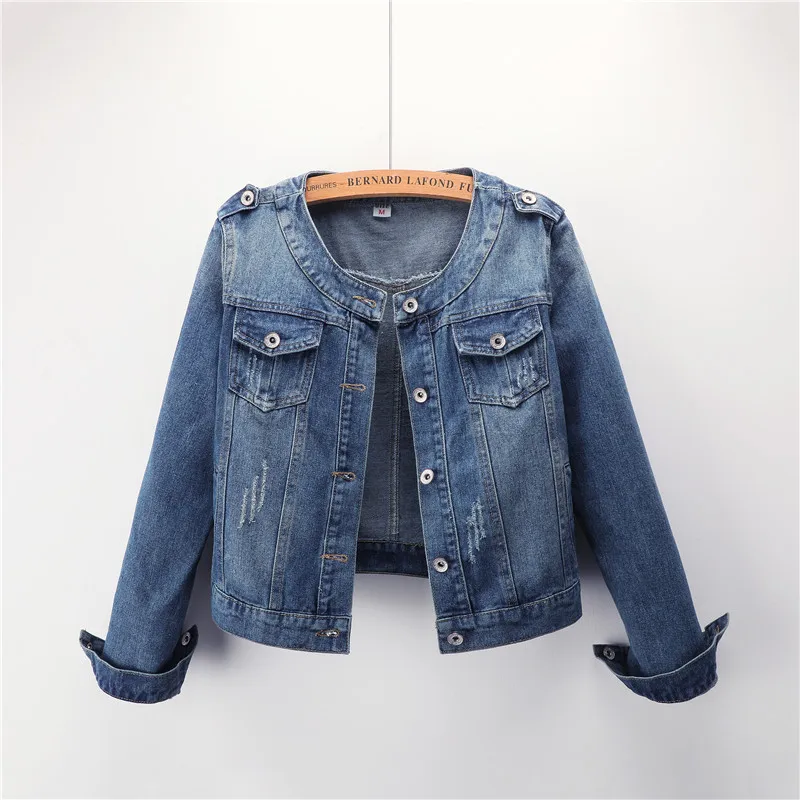 Plus Größe Runde Kragen Jeans Jacke 4XL 5XL Süße Frauen Licht Blau Bomber Kurze Denim Jacken Langarm Jaqueta Casual coa