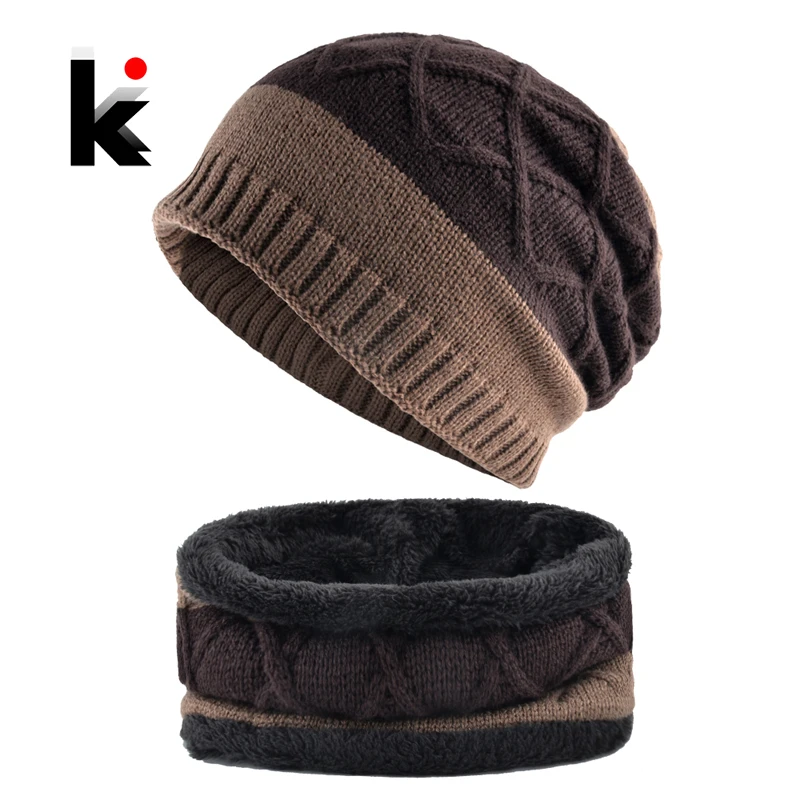 Thick Hat Scarf Set Winter Men's Knitted Striped Beanies Cap Men Double Layer Add Velvet Warm Skullies Bonnet Scarves Sets