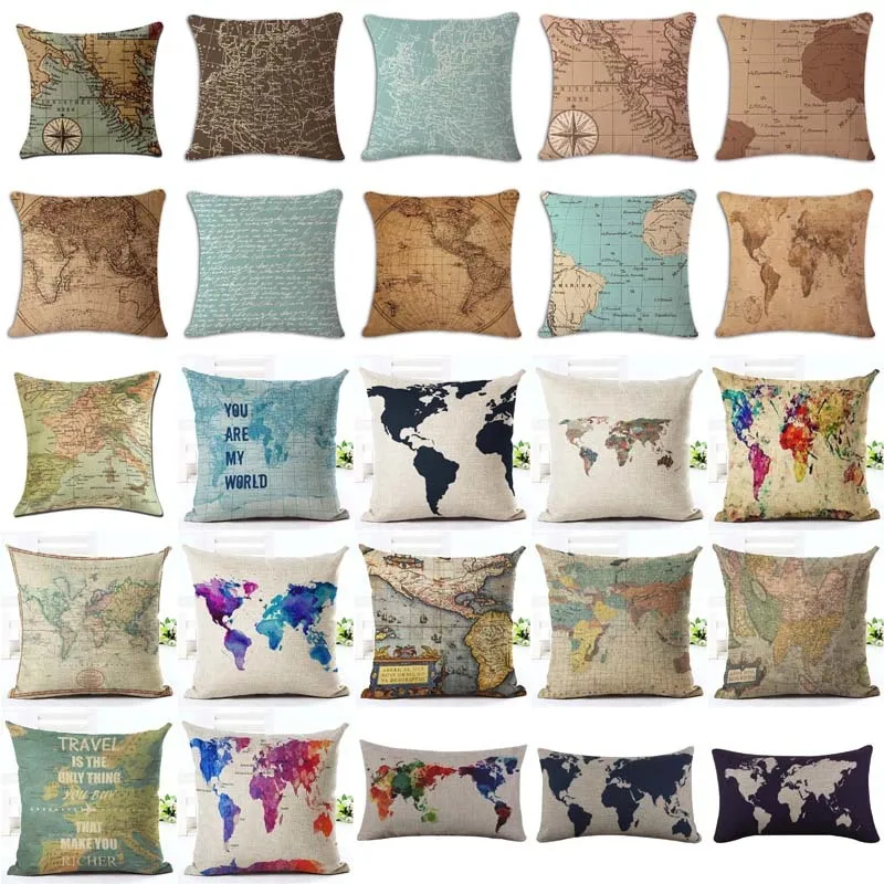 18 inches Watercolor Vintage Style Cushion Cover world map Pattern Cotton Linen Pillow Cover Cushion Cover PillowCase Home Decor