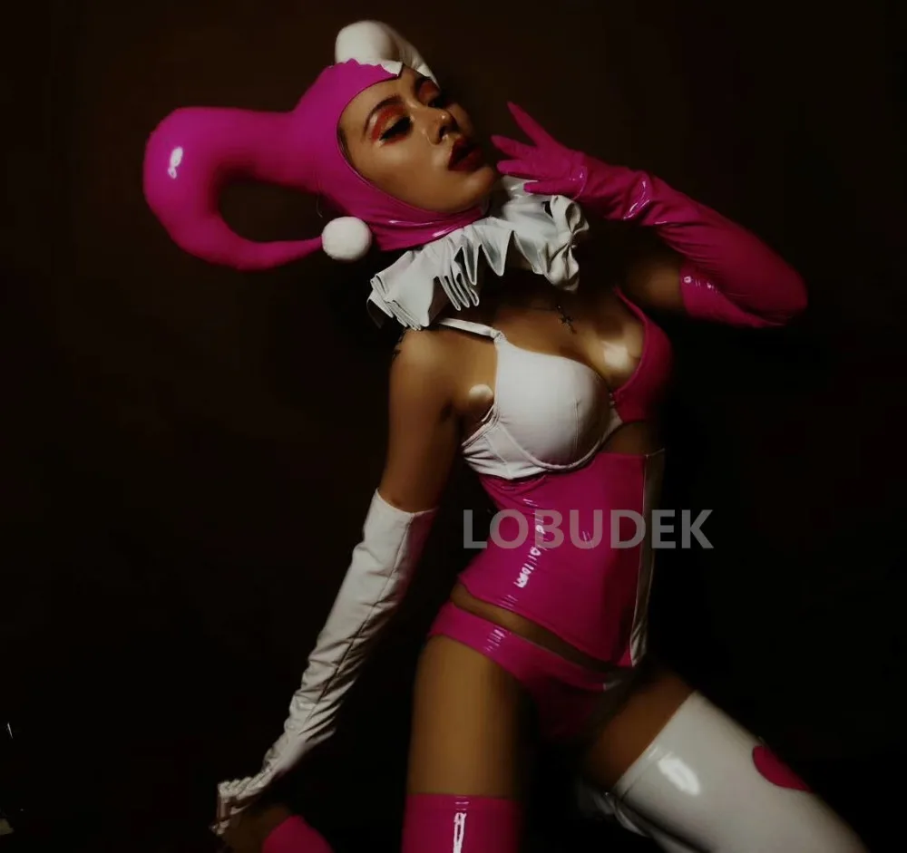 Sexy Nightclub Dance Team Costume PU Leather Pink White Bikini Ox Horn Headgear Stage Outfits Role Playing Performance Clothes