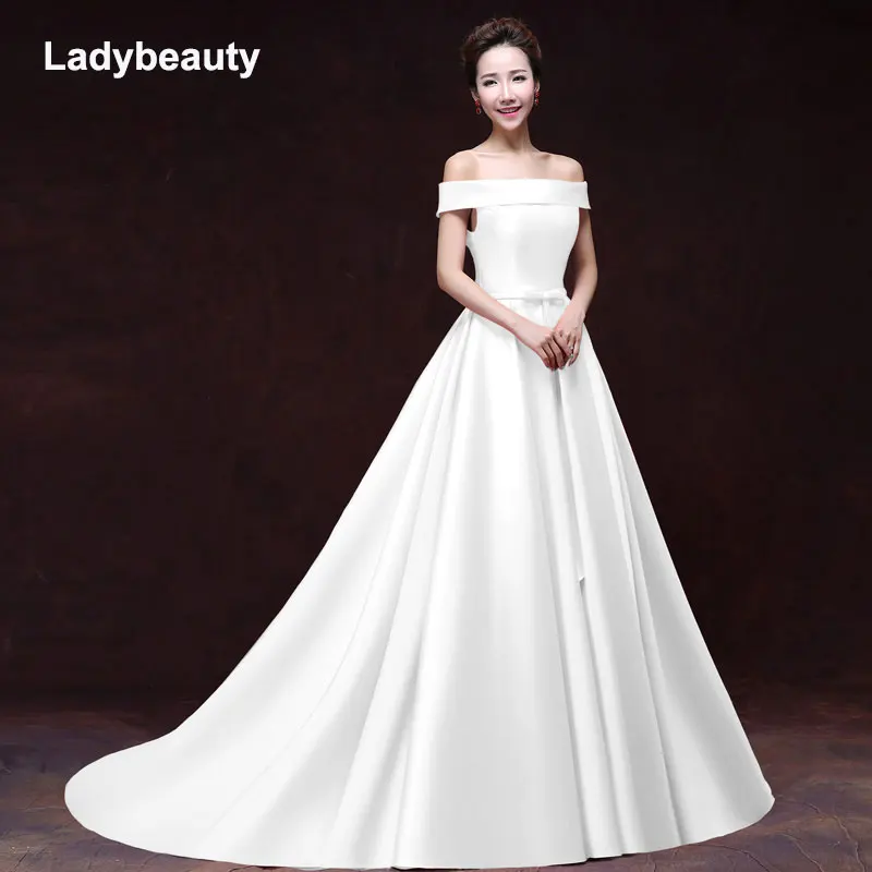 

2020 White Stain Wedding Dresses 2018 Simple Bow Floor-Lenth Court Train Boat Neck Lace-up Bridal Gown Party Dresses