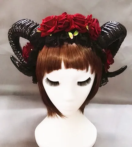 

Restyle Sheep Horn Rose Flower Headband Gothic Beauty Horror Horns Halloween Black Veil Lace Retro Hair Accessories Vintage