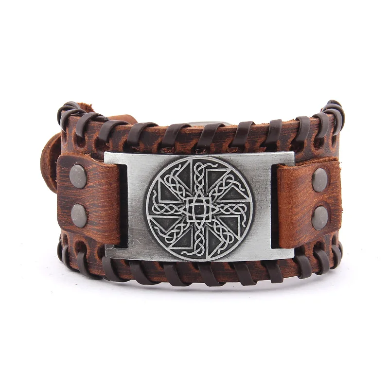 Amulet Sun Wheel Weave Genuine Leather Bangle for Optimism Vintage Wide Bracelets Nordic Viking Bracelet Men Male