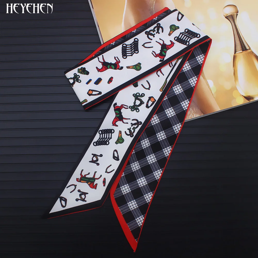 

Horse Print New Design Luxury Brand Skinny Small Bag Twill Silk Scarf Women Fashion Ribbon Head Hair Handle Scarf Tie