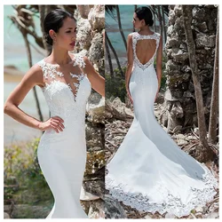 LORIE Sexy Mermaid Wedding Dress Sleeveless Lace Appliqued Illusion Back Boho Wedding Gown Long Train Bride Dress Customized