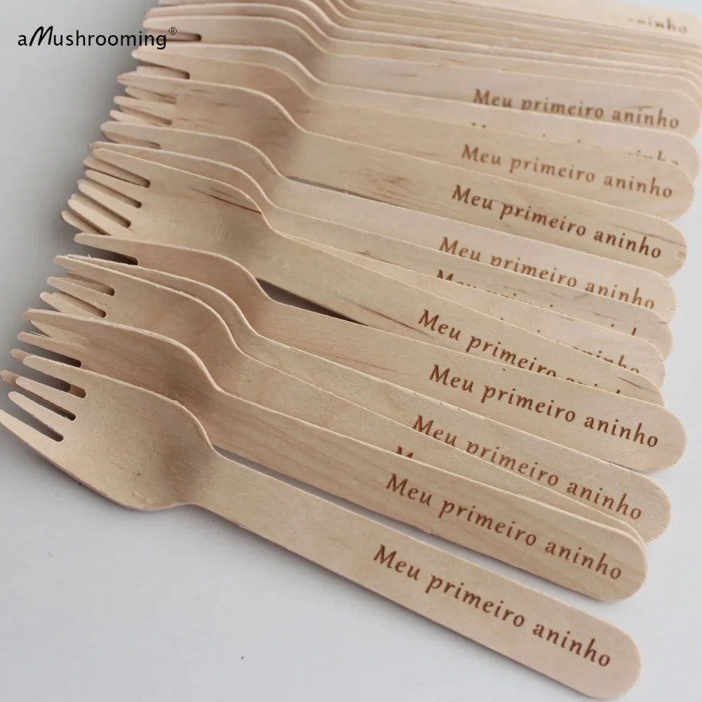 x50 Personalized My First Night Wooden Utensils Biodegradable Disposable Dessert Salad Forks Party Cake Dinner Forks 16cm