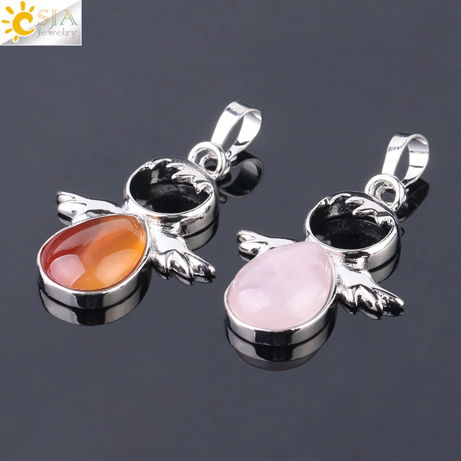 CSJA Angel Wings Natural Stones Pendants Pink Quartz Fairy Angels Pendant for Necklaces Women Girls Jewelry Christmas F753