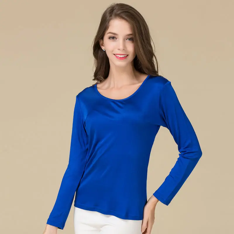 SuyaDream-Camiseta de seda Natural para mujer, camisa básica de manga larga con cuello redondo, color blanco y negro, 2021