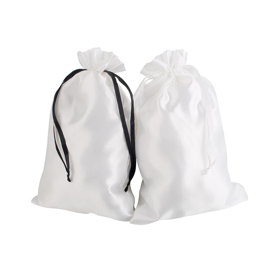 Virgin Hair extensions silk satin packaging bag, white satin bag with white ribbon / black ribbon,  gift packaging bag