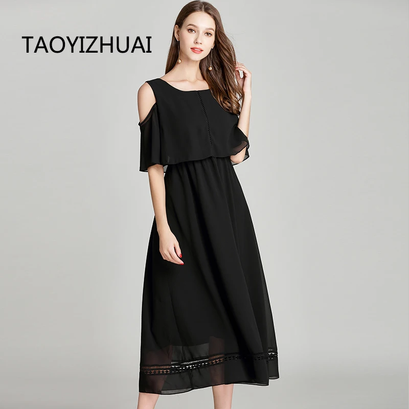 

TAOYIZHUAI Summer New Arrival Black Dew Shouder Cloaks half Sleeves Ankle Length O-Neck Plus Size Long Chiffon Women Dress 11686