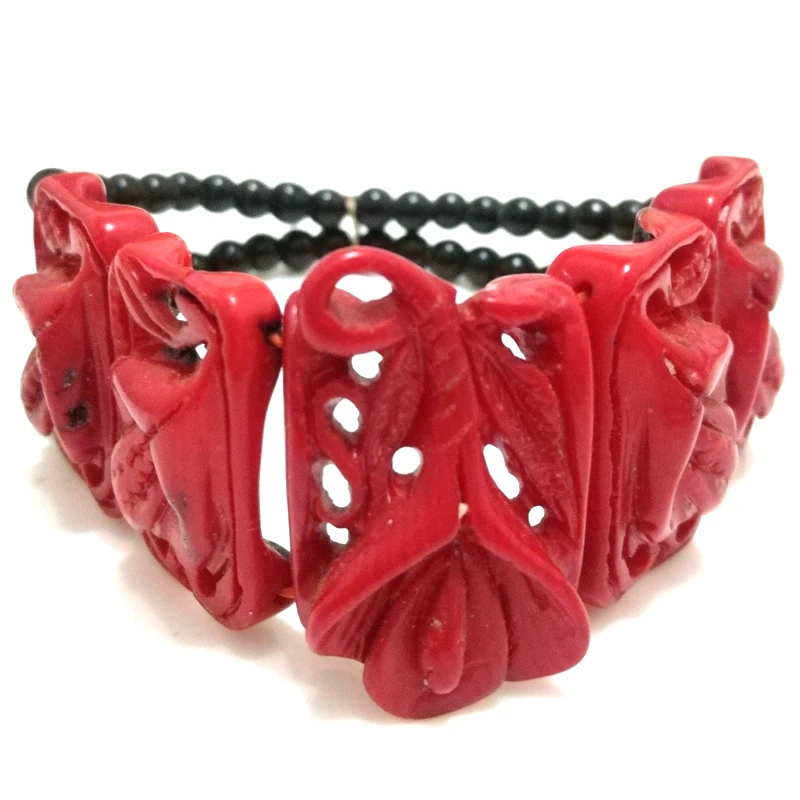 7 inches Stretch 20*30mm Red Flat Hollow out Flower Hand Carved Natural Coral Bracelet