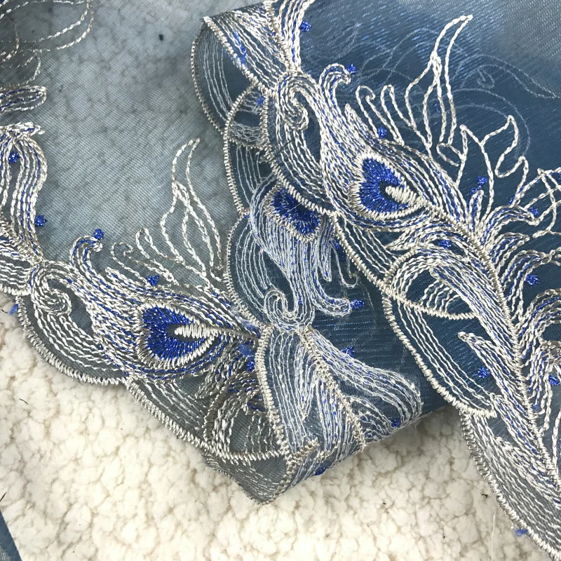

5 meters 17cm 6.69" wide lake green silver mesh gauze embroidery lace trim ribbon MM413