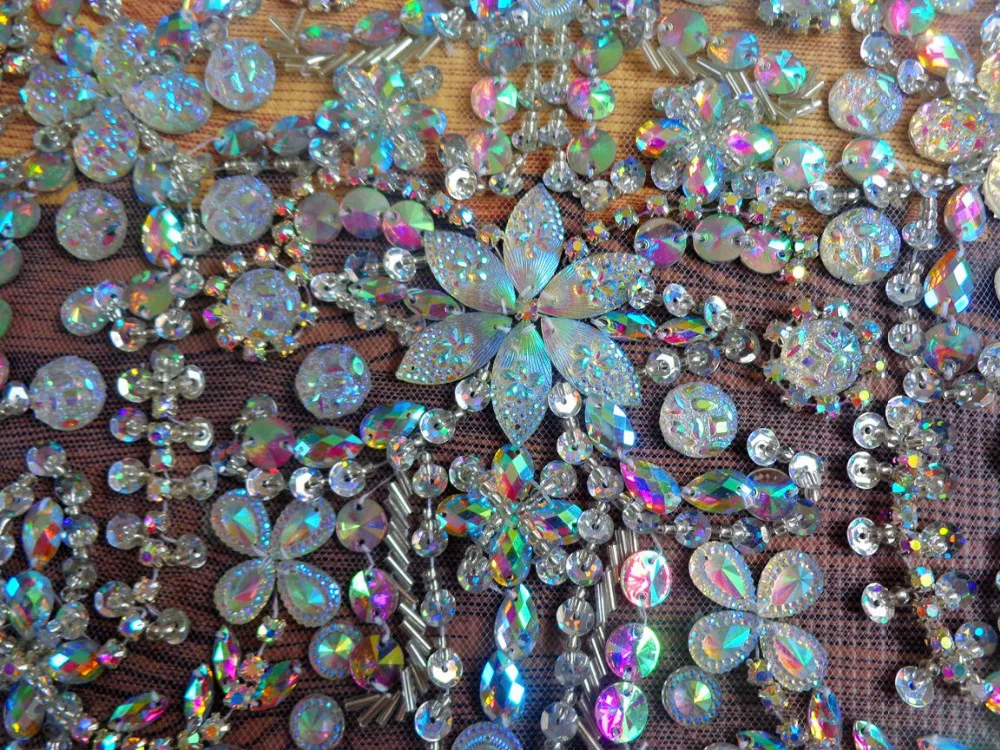 A15 Hand made  crystals trim patches clear AB colour sew on Rhinestones  applique  48*32cm for top dress skirt  DIY accessory