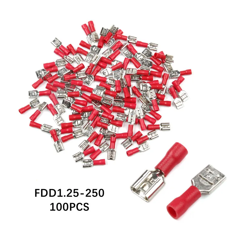 100PCS/Pack FDD1.25-250 Female Insulated Electrical Crimp Terminal for 0.5-1.5mm2 Connectors Cable Wire Connector