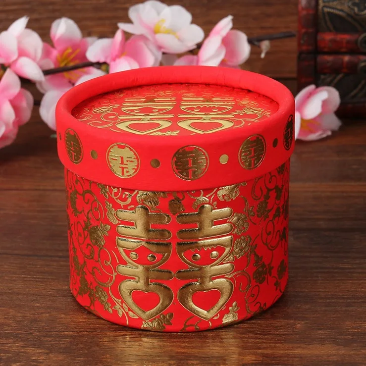 150pcs Traditional Chinese Red Bronzing Candy Box Cylinder Paper Wedding Favors Gift Box lin4030