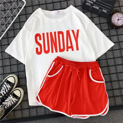 Women Summer Top two Piece Set 2020 Casual Loose Student Sports Suits Female Tee + Shorts Cotton Suit Set O-Neck 2 Piece Set