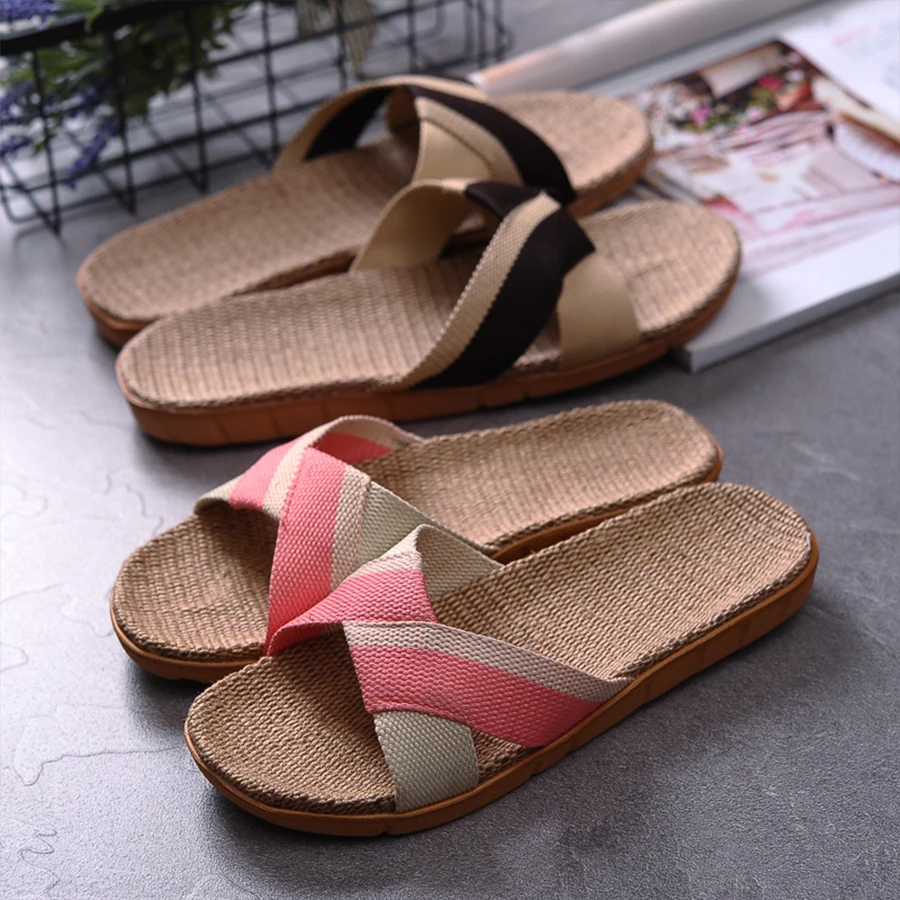 LCIZRONG Summer 13 Colors Flax Home Slippers Women 35-45 Large Size Slapping Beach Flip Flops Non-slip Unisex Family Slippers