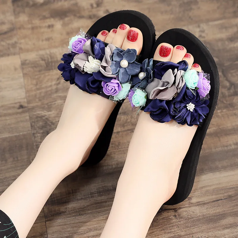 Summer Slippers women handwork flowers flat bottom slippers One word drag fashion Leisure womens shoes slippers female