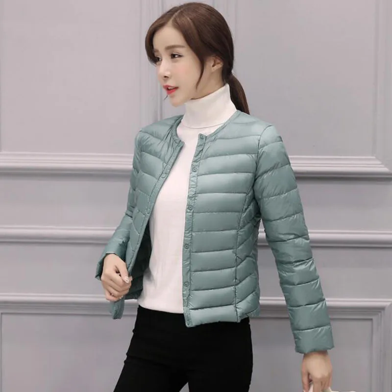 2018 Autumn Winter New Korean Light Thin Short Down Jacket Female Slim Round Neck Warm Button White Duck Down Coats