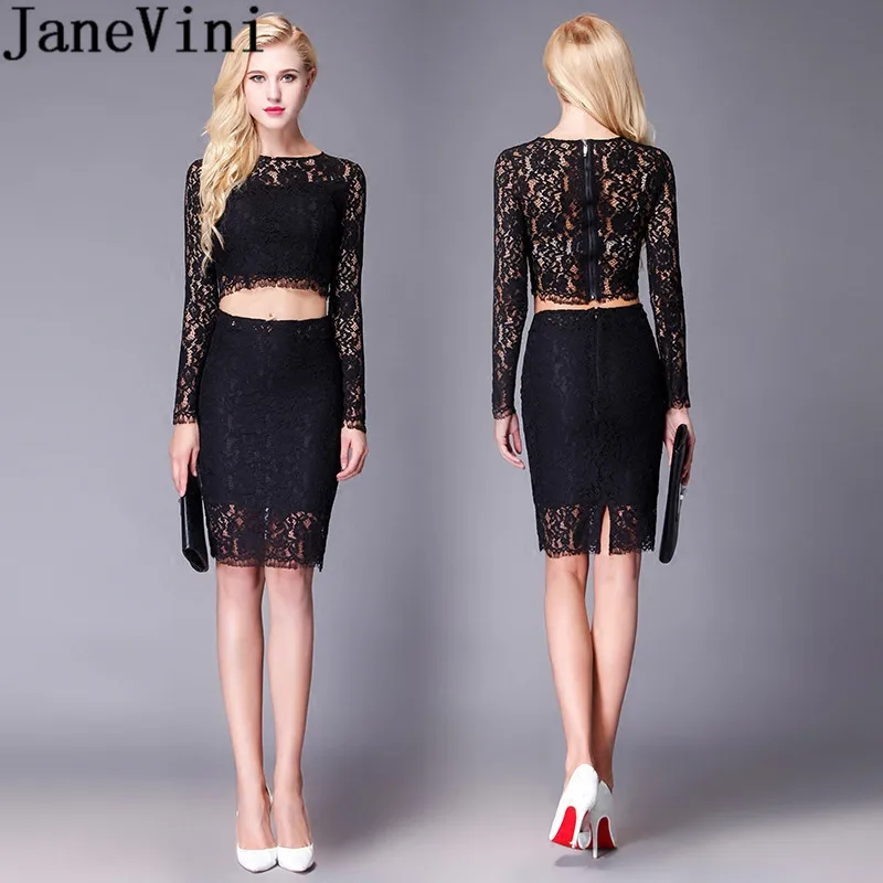 

JaneVini Sexy Long Sleeve Cocktail Dresses Black Lace Short Mini Robe Cocktails Courte 2 Pieces Plus Size Women Party Gowns 2019