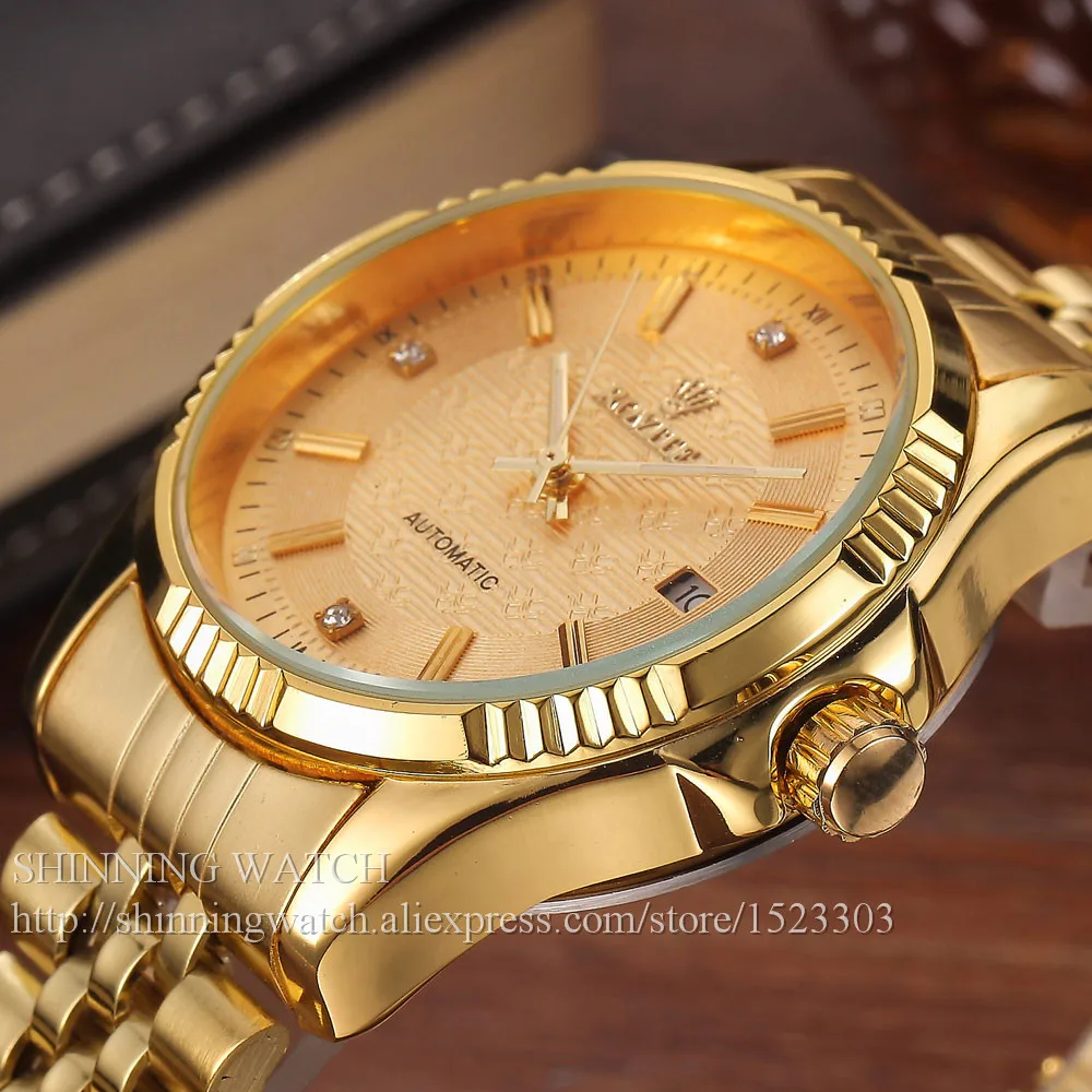 Luxury Gold Fashion Mens Watches Casual Crystal Dial Date Automatic Mechanical Stainless Steel Sport Wrist Watches for men Gifts