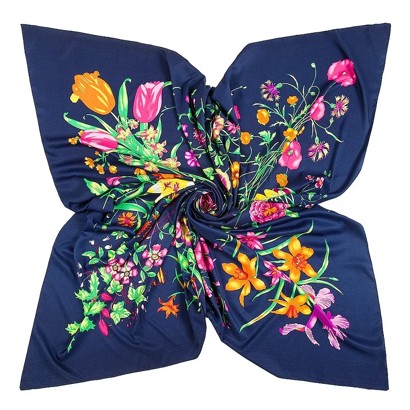 POBING 100% Silk Scarf Women Life Flowers Silk Foulard Square Scarves Luxury Brand Head Bandana Large Wraps Female Large Hijabs