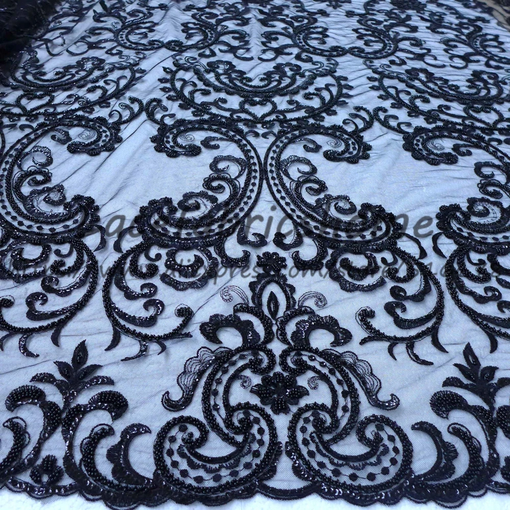 

New fashion black off white heavy beaded on netting embroidery wedding dress Evening dress women lace fabric 130cm by yard